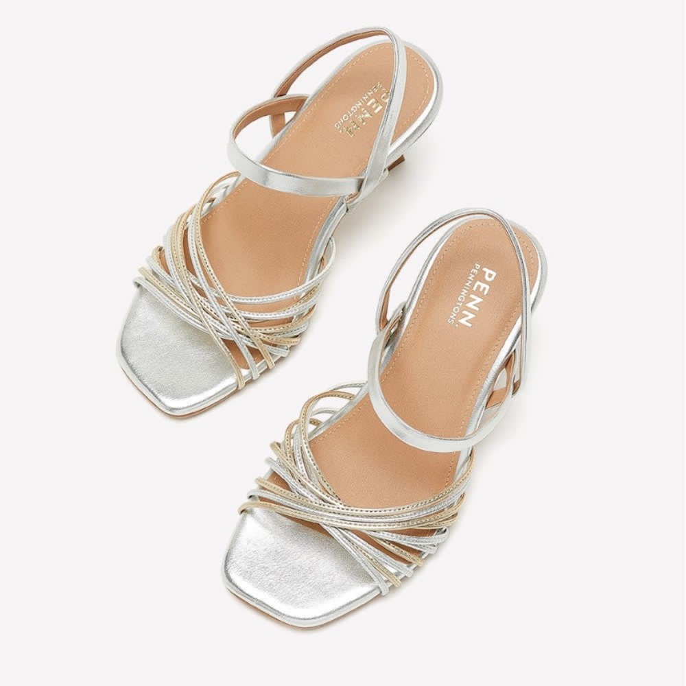 Extrawide width metallic strappy kitten heal sandal faux leather gold/silver NWT